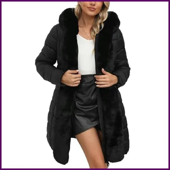Women's Faux Leather Puffer Jacket with Fur Hood Belted Winter Coat